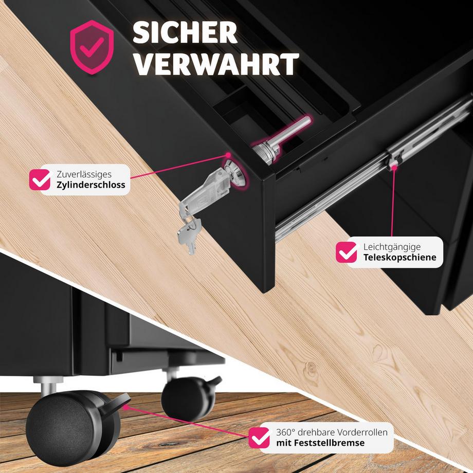 Tectake Aktenrollschrank Magna mit 3 abschliessbaren Schubladen  