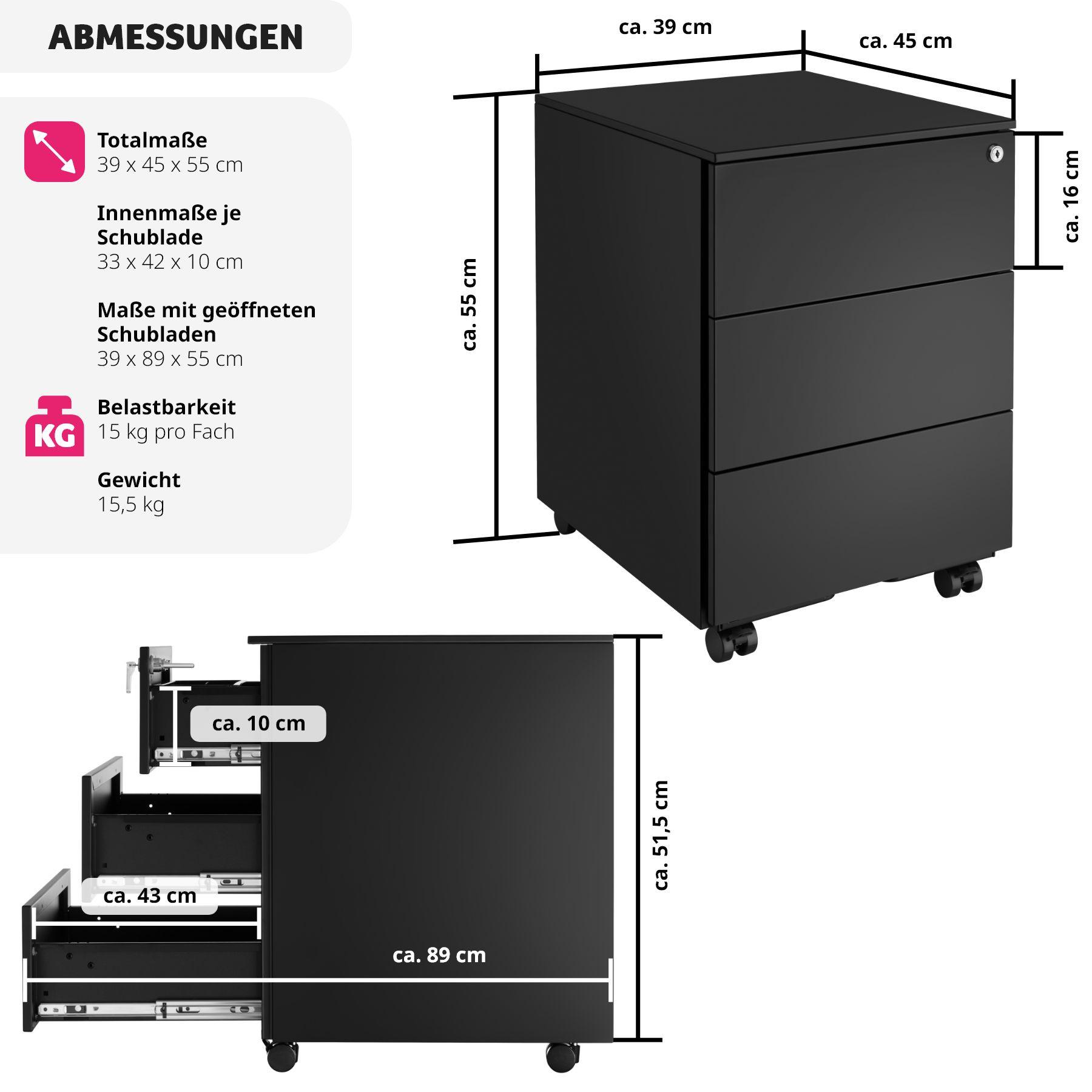 Tectake Armadietto per pratiche con rotelle Magna con 3 cassetti con serratura  