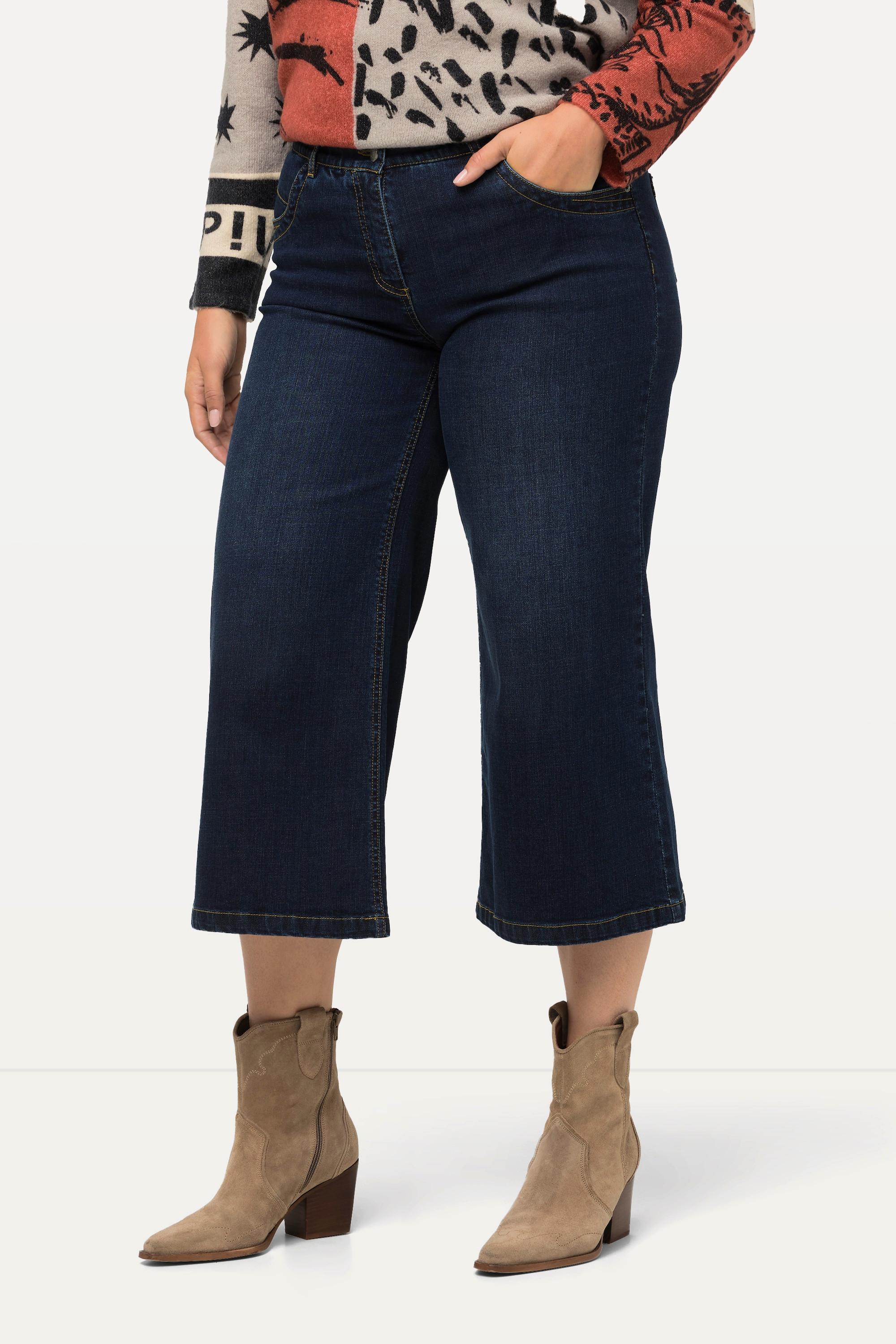 Ulla Popken  Culottes di jeans modello Mary con taglio della gamba ampio e cintura comoda 