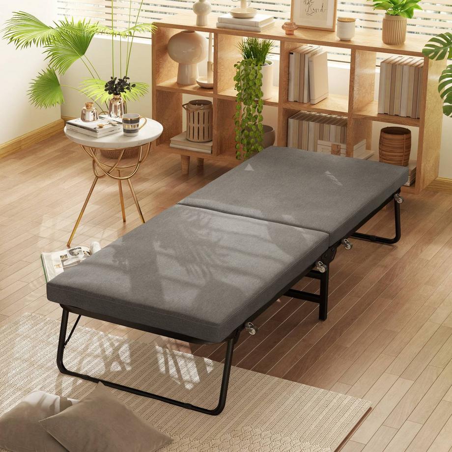 Northio  Klappbett 70 x 190 cm Gästebett klappbar mit 7cm Schaumstoff Matratze, verstellbares Kopfteil, Reisebett mit Rollen, Leinenoptik, Metallrahmen für Büro, Gästezimmer, Dunkelgrau 