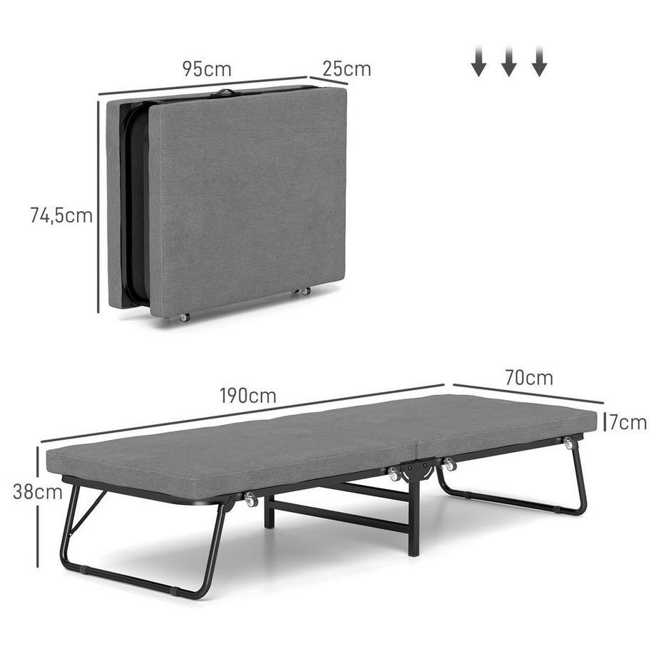Northio  Klappbett 70 x 190 cm Gästebett klappbar mit 7cm Schaumstoff Matratze, verstellbares Kopfteil, Reisebett mit Rollen, Leinenoptik, Metallrahmen für Büro, Gästezimmer, Dunkelgrau 