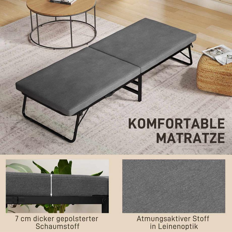 Northio  Klappbett 70 x 190 cm Gästebett klappbar mit 7cm Schaumstoff Matratze, verstellbares Kopfteil, Reisebett mit Rollen, Leinenoptik, Metallrahmen für Büro, Gästezimmer, Dunkelgrau 