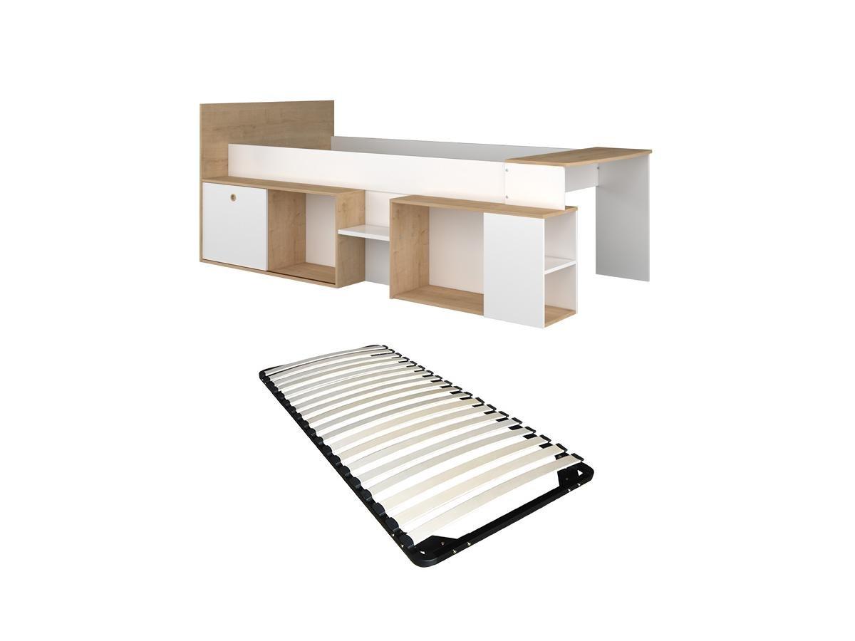 Vente-unique Letto combinato 90 x 200 cm con scrivania e vani portaoggetti Bianco e Naturale + Rete - PALOMA  