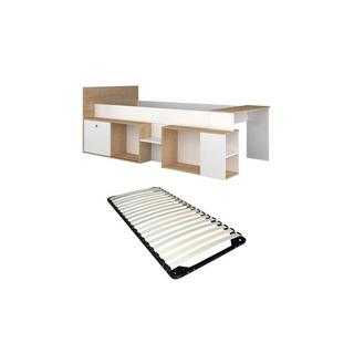 Vente-unique Letto combinato 90 x 200 cm con scrivania e vani portaoggetti Bianco e Naturale + Rete - PALOMA  