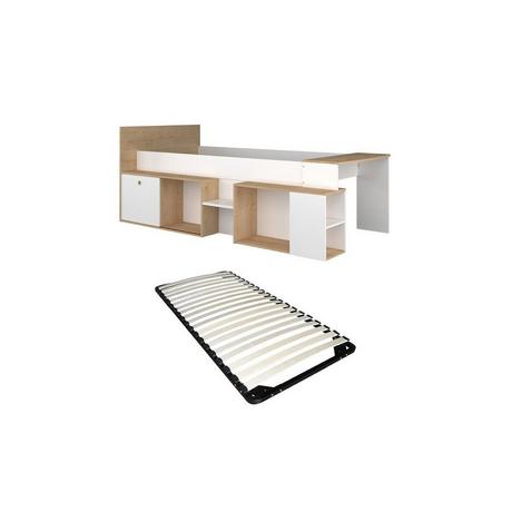 Vente-unique Letto combinato 90 x 200 cm con scrivania e vani portaoggetti Bianco e Naturale + Rete - PALOMA  