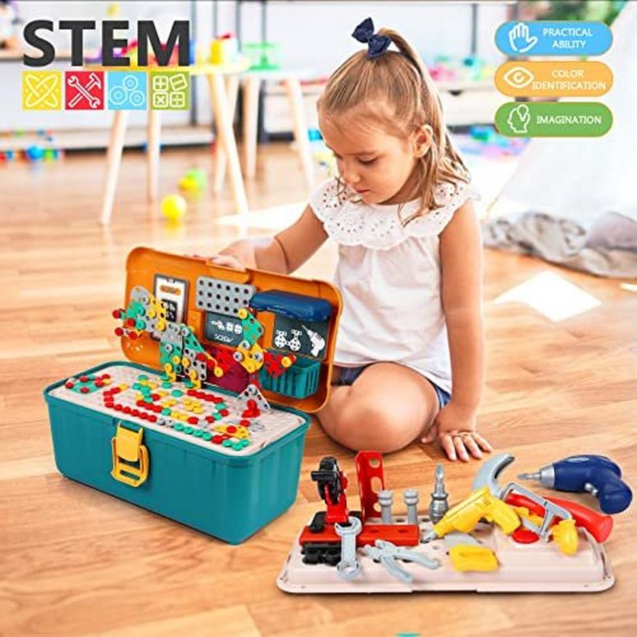 Activity-board  Steckspiel Mosaik Werkzeugkasten Spielzeug mit Bohrer, Werkzeugkasten für Kinder 