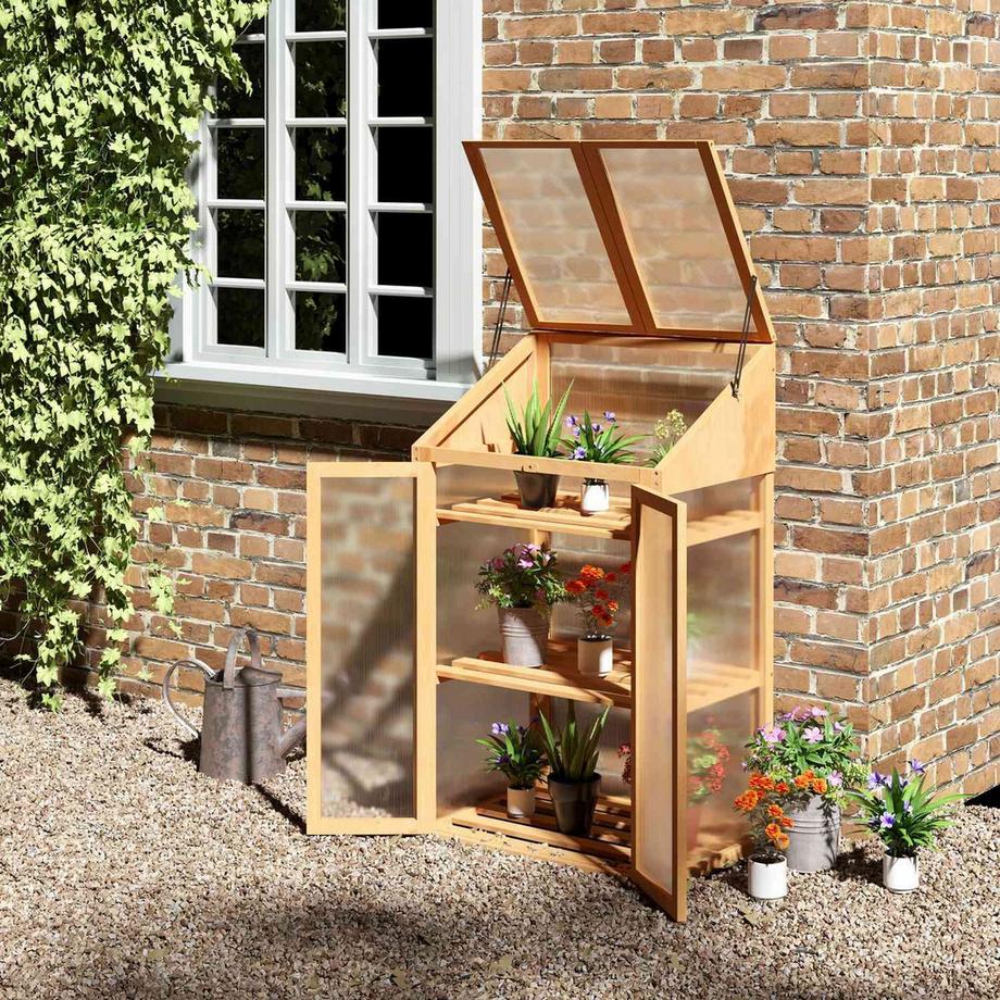 Northio Frühbeet aus Holz, Mini Gewächshaus 70 x 50 x 120 cm, Treibhaus mit Abdeckung, Fenster, Doppeltür, lichtdurchlässig Frühbeetkasten mit 3 Regale, winterfest Hochbeet für Garten, Balkon, Braun  