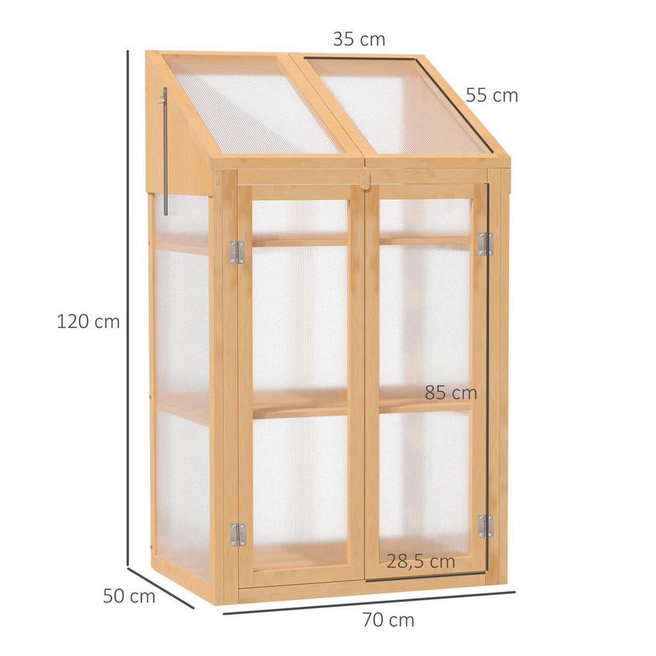 Northio Frühbeet aus Holz, Mini Gewächshaus 70 x 50 x 120 cm, Treibhaus mit Abdeckung, Fenster, Doppeltür, lichtdurchlässig Frühbeetkasten mit 3 Regale, winterfest Hochbeet für Garten, Balkon, Braun  