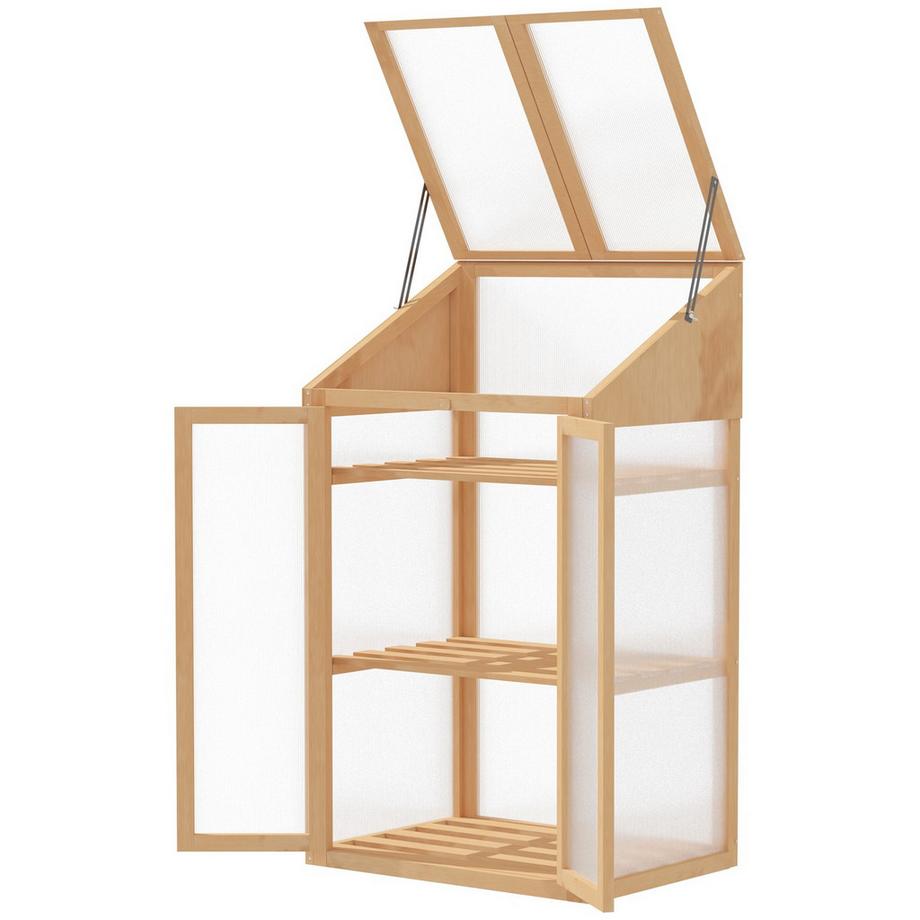Frühbeet aus Holz, Mini Gewächshaus 70 x 50 x 120 cm, Treibhaus mit Abdeckung, Fenster, Doppeltür, lichtdurchlässig Frühbeetkasten mit 3 Regale, winterfest Hochbeet für Garten, Balkon, Braun