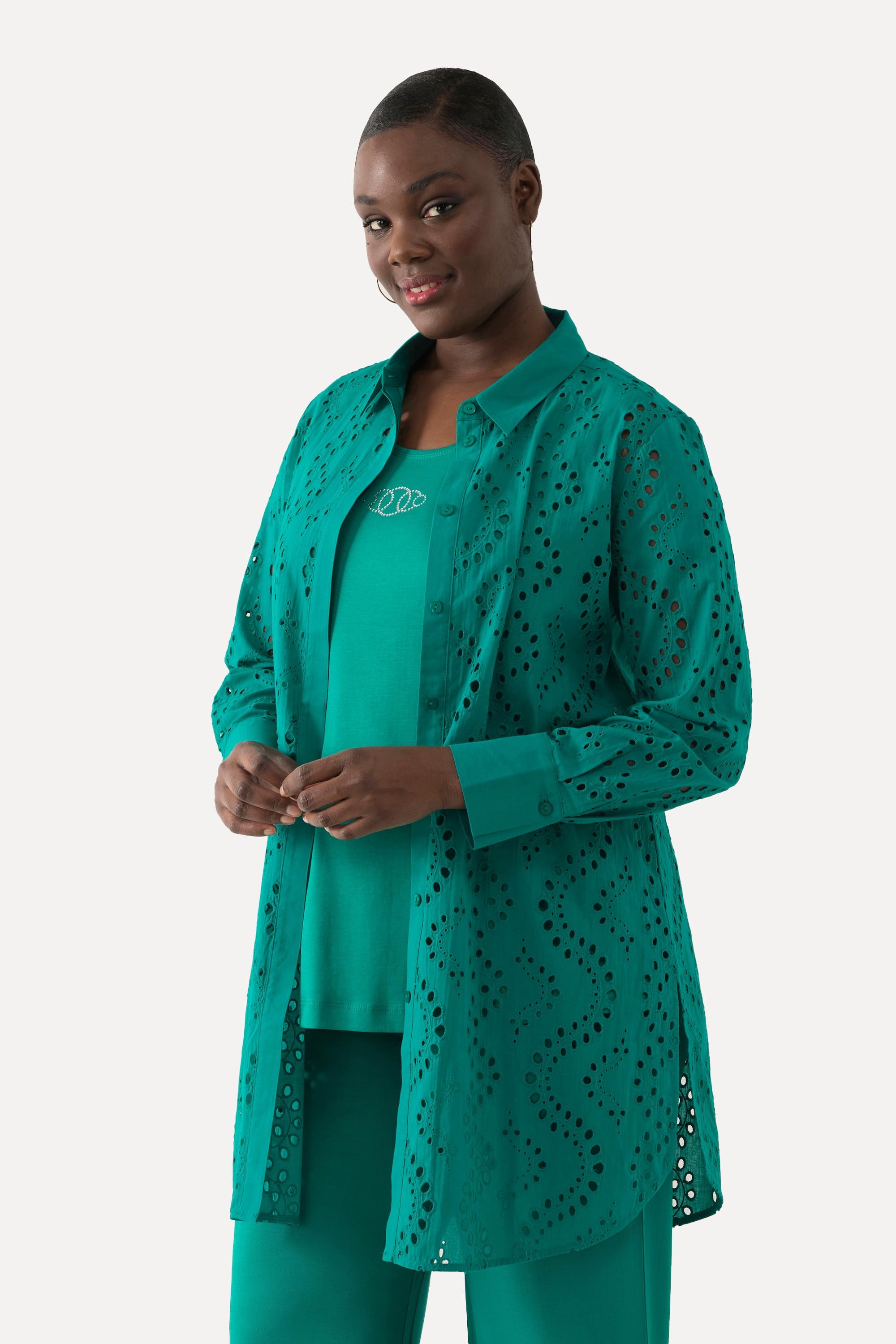 Ulla Popken  Blouse longue à col de chemise et manches longues, broderie ajourée 