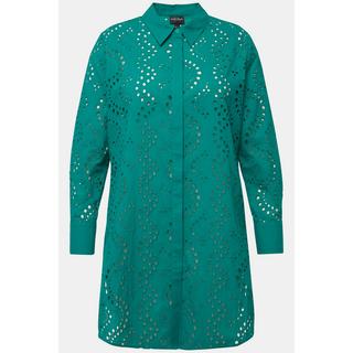 Ulla Popken  Blouse longue à col de chemise et manches longues, broderie ajourée 