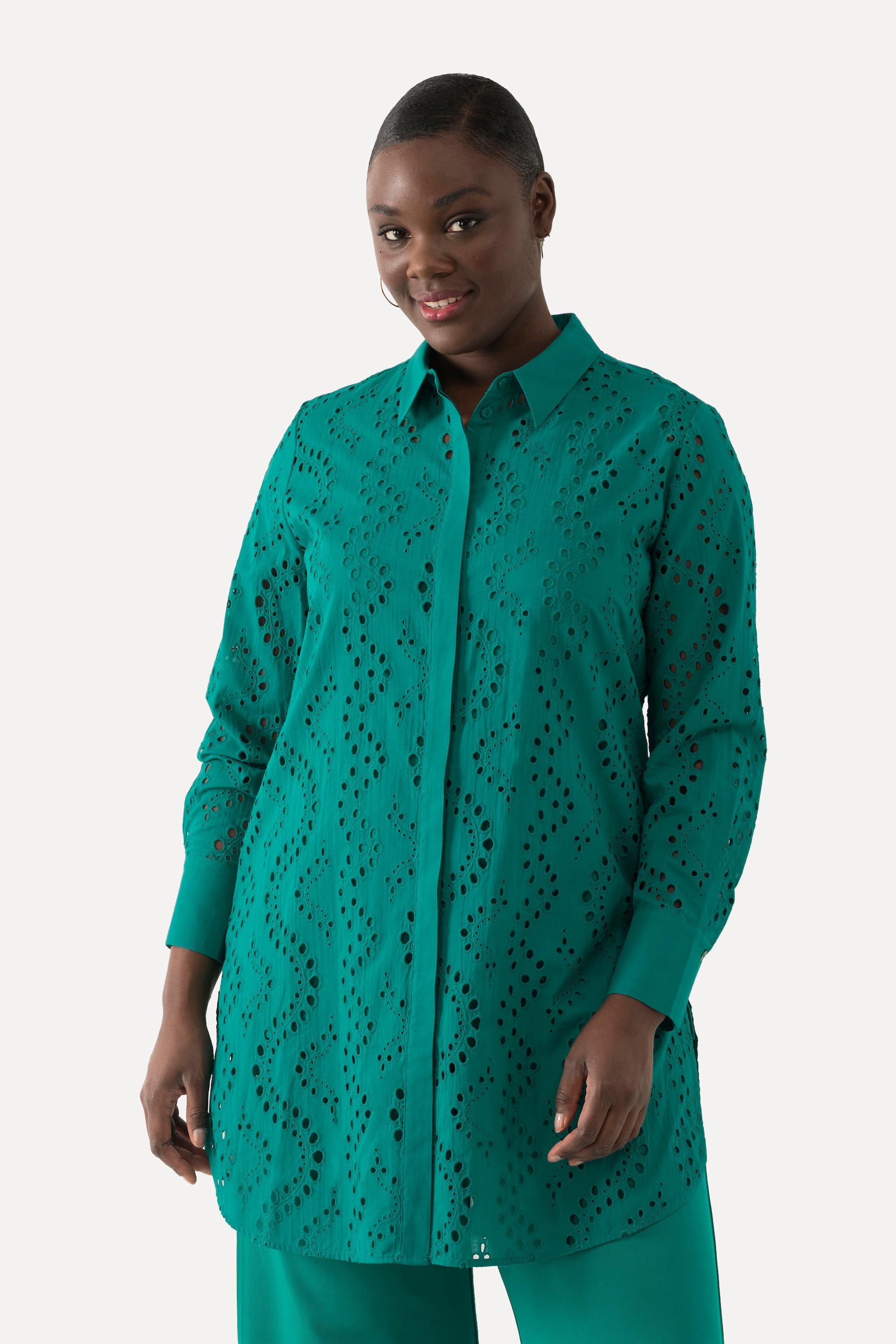 Ulla Popken  Blouse longue à col de chemise et manches longues, broderie ajourée 