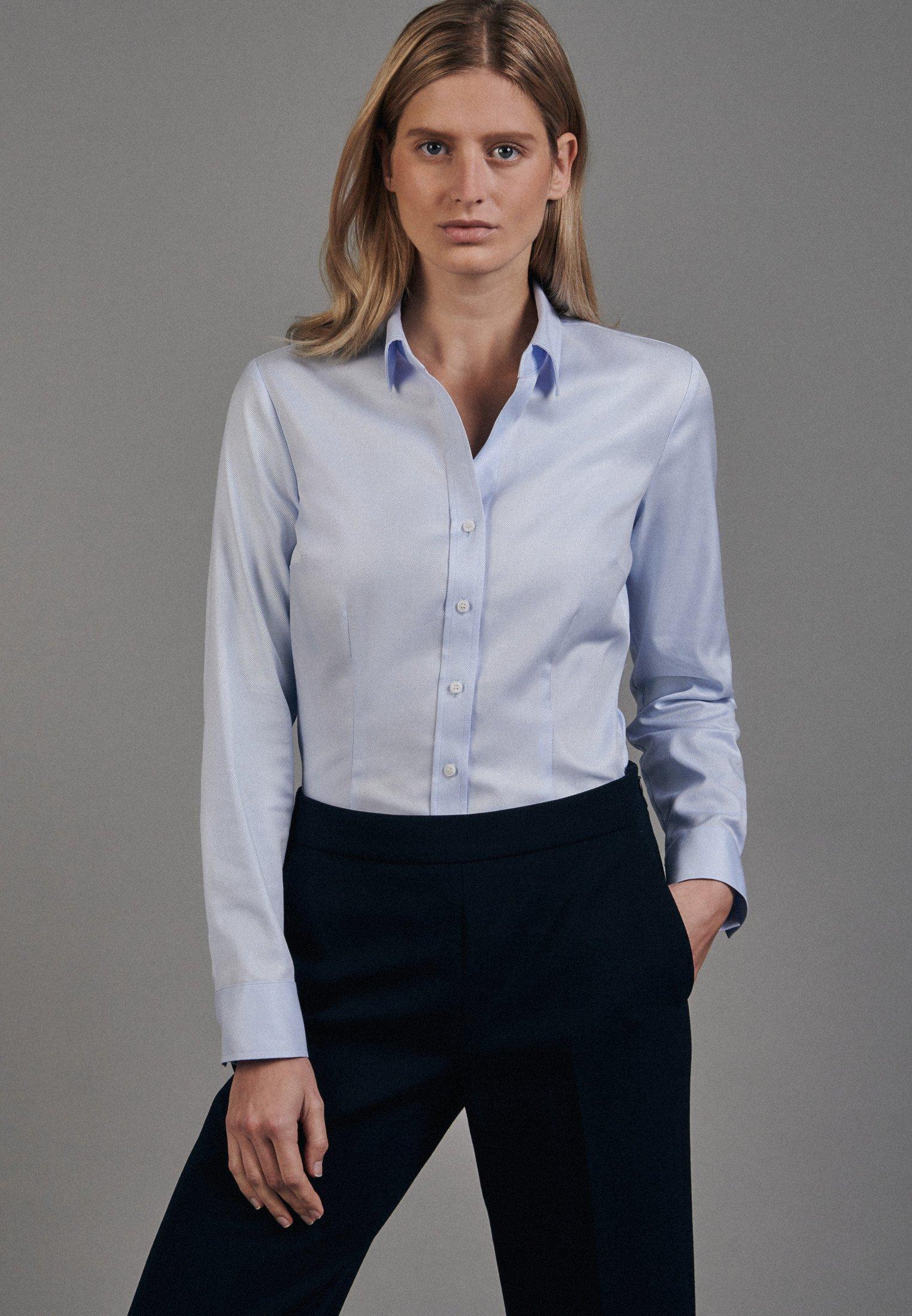 Image of Hemdbluse Uni Langarm Kragen Damen Hellblau 40