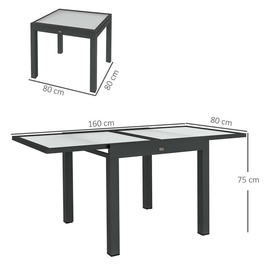 Northio Tisch Extensible de Jardin Grande Taille Maße: 160L x 80B x 75H cm Aluminium Dunkelgrau Platte aus Gehärtetem Glas Transparent Aosom  