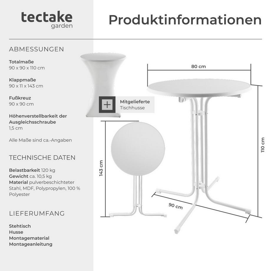 Tectake Stehtisch Eren rund mit Tischhusse klappbar, 90 x 110 cm  
