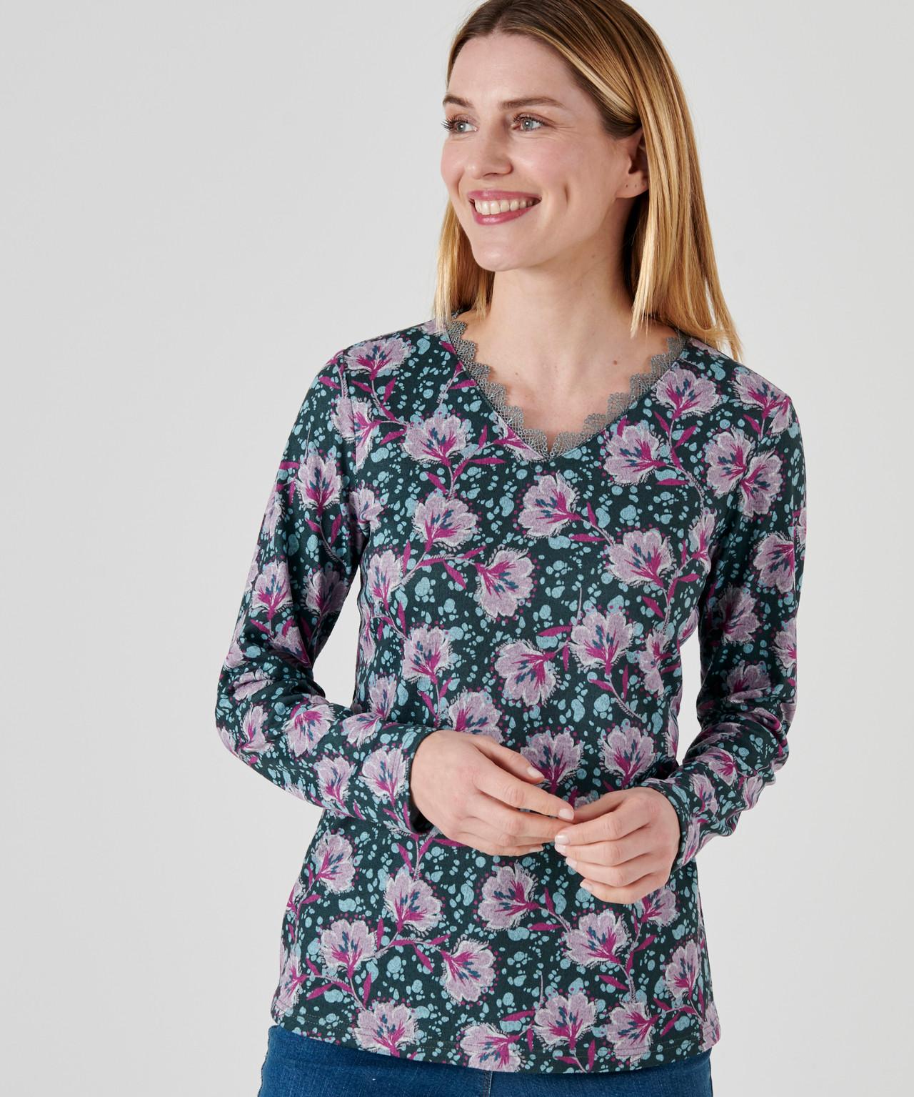 Image of Shirt Aus Warmem Strick Mit Blumendruck. Damen Grün 46-48