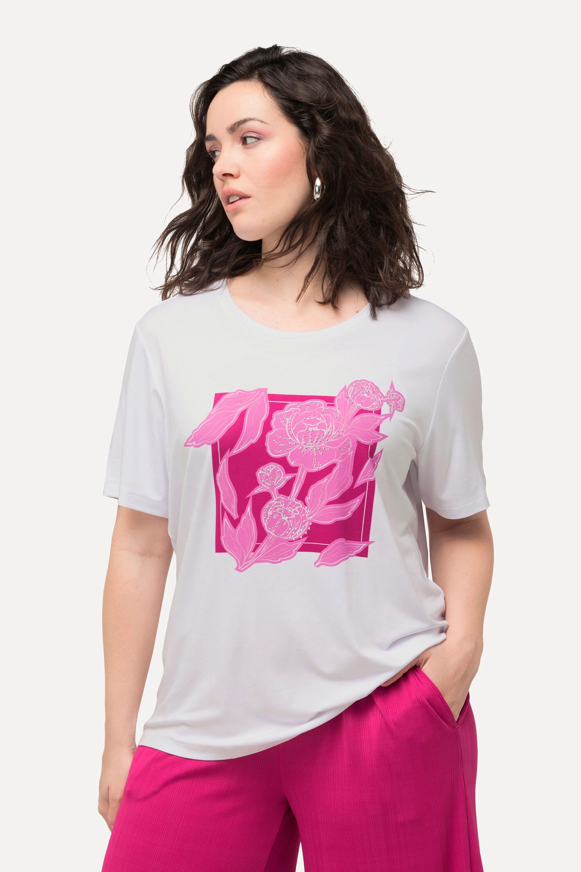 Ulla Popken  T-shirt con fiori, applicazioni, scollo a girocollo e mezze maniche 