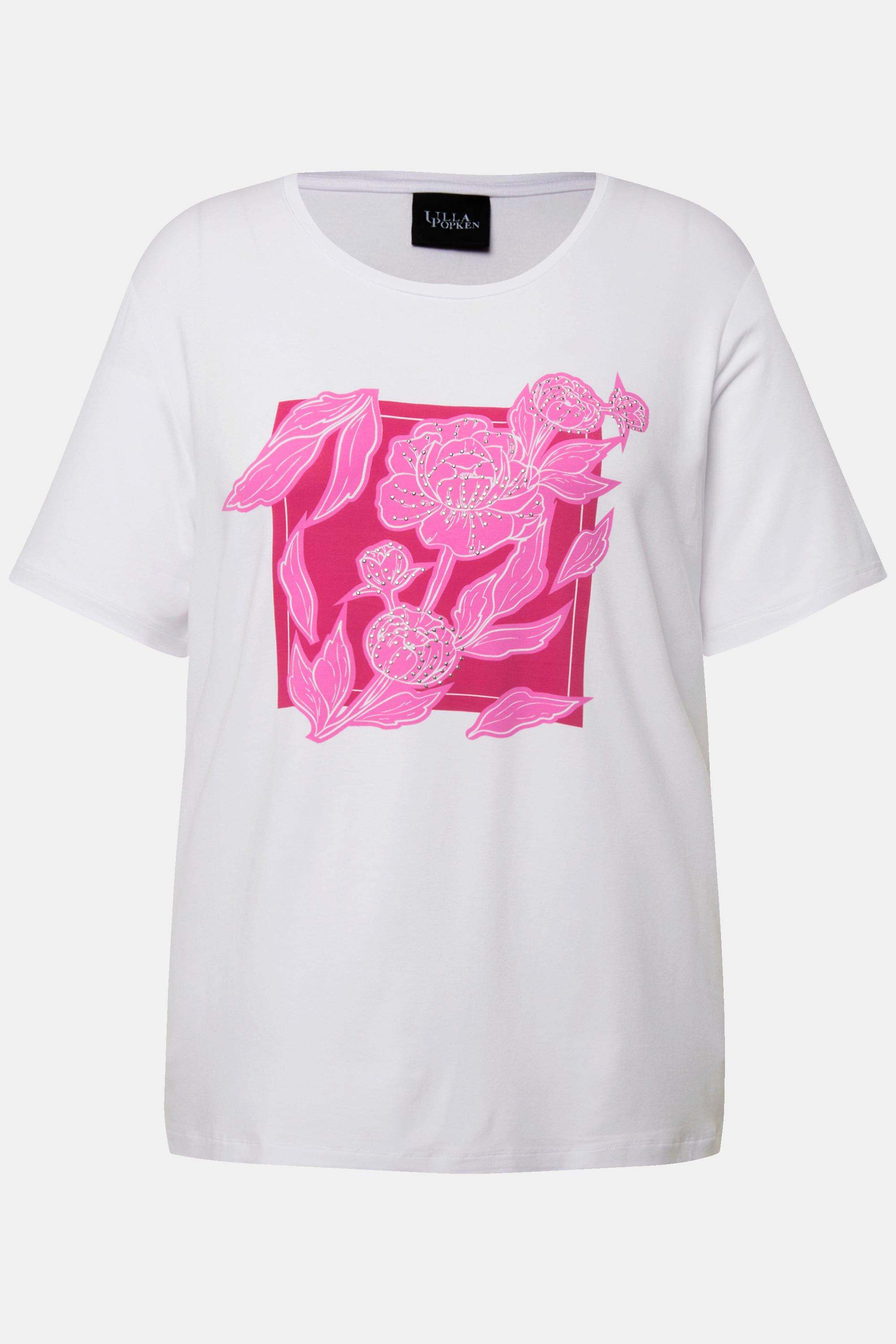 Ulla Popken  T-shirt con fiori, applicazioni, scollo a girocollo e mezze maniche 