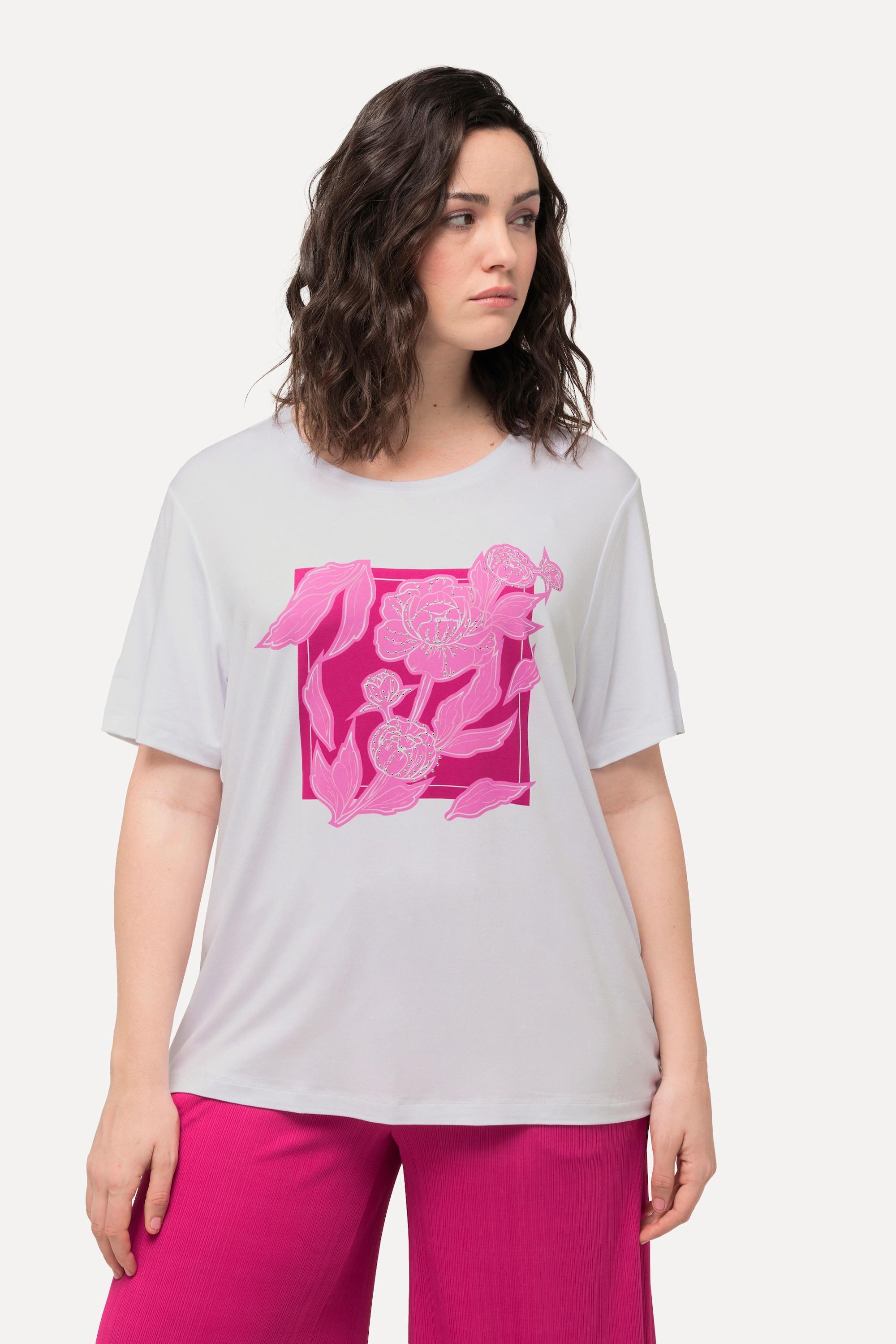 Ulla Popken  T-shirt con fiori, applicazioni, scollo a girocollo e mezze maniche 