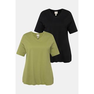 Ulla Popken  T-Shirts, 2er-Pack, V-Ausschnitt, Halbarm, Biobaumwolle 