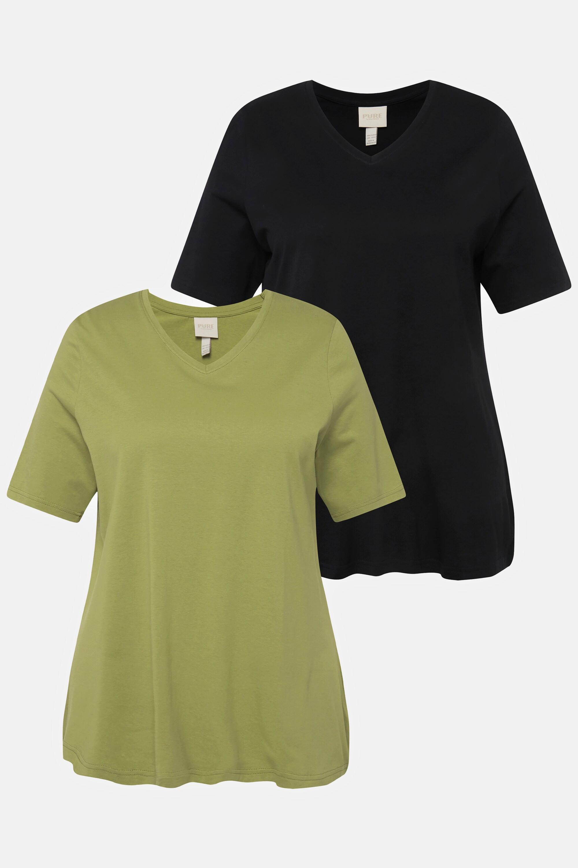 Ulla Popken  T-shirts en coton bio. Col en V et manches courtes. Lot de 2. 