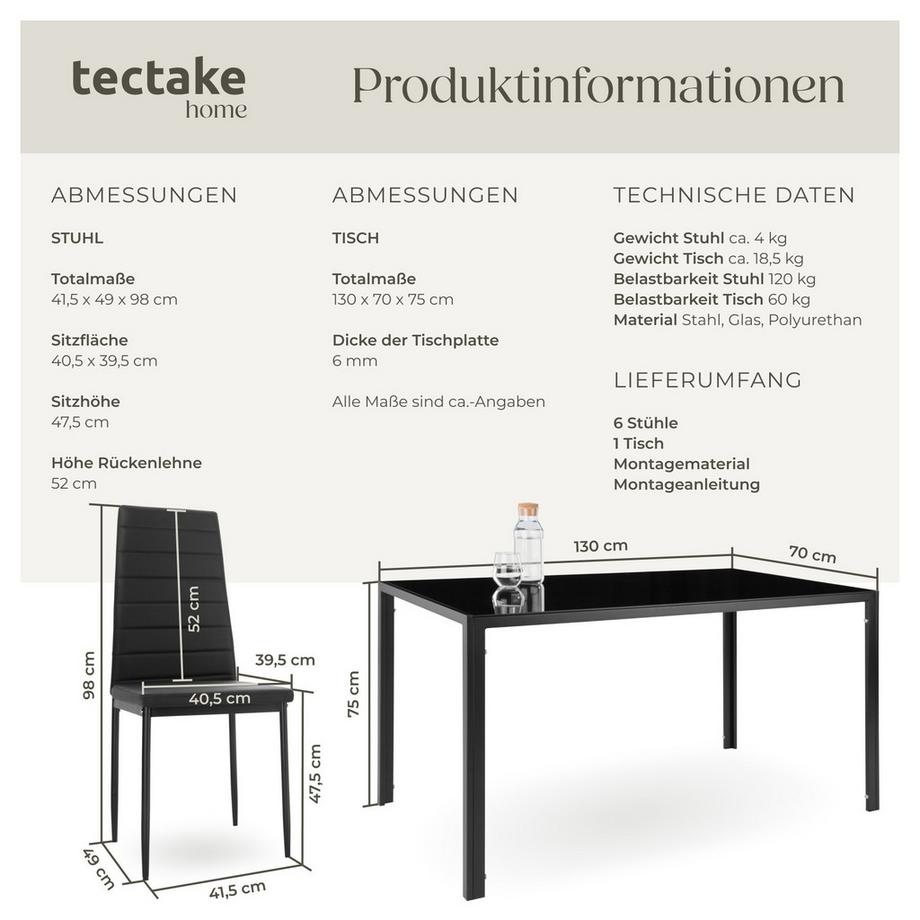 Tectake Esszimmergruppe Brandenburg 7-teilig Esstisch mit 6 Stühlen  