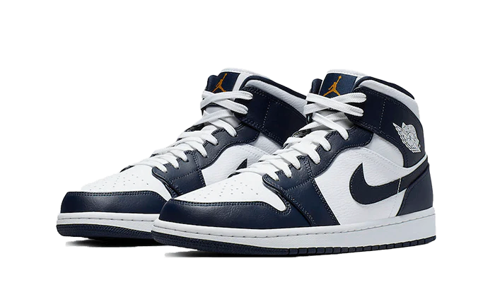 Image of Air Jordan 1 Mid White Metallic Gold Obsidian Damen Nachtblau 45