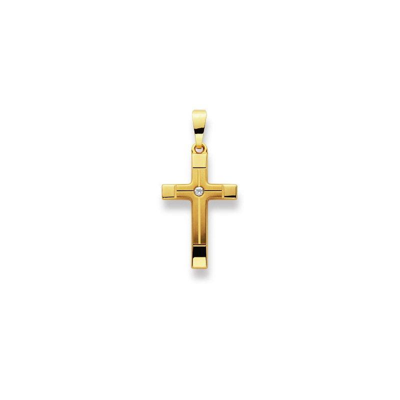 MUAU Schmuck  Pendentif croix en or jaune 750 zircone, 27x13mm 