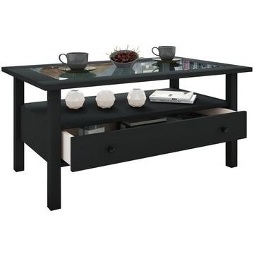 Holz Beistelltisch mit ESG-Sicherheitsglas | Couchtisch schlicht | Maße ca. H. 42 x B. 90 x T. 54 cm | Wohnzimmertisch mit Schublade | Sofatisch -