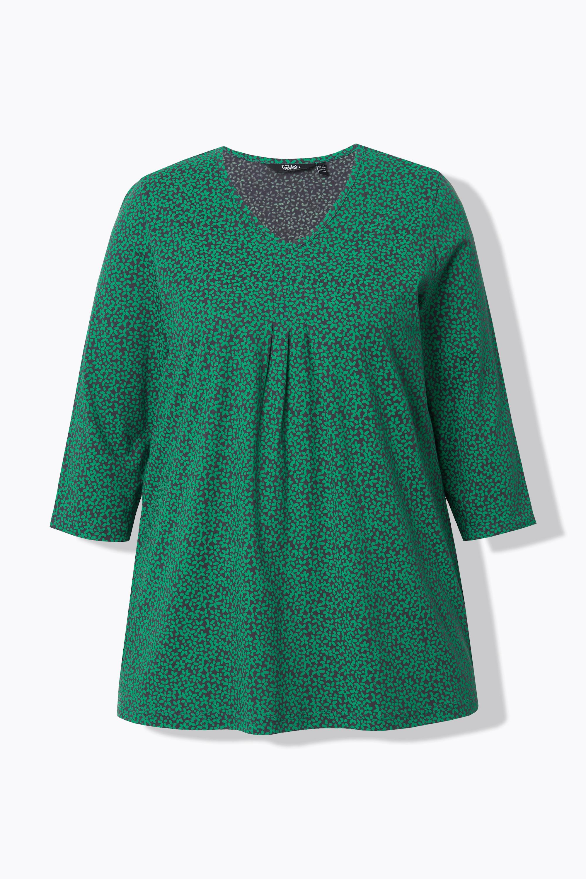 Ulla Popken  Shirt, Blüten, A-Linie, V-Ausschnitt, 3/4-Arm 