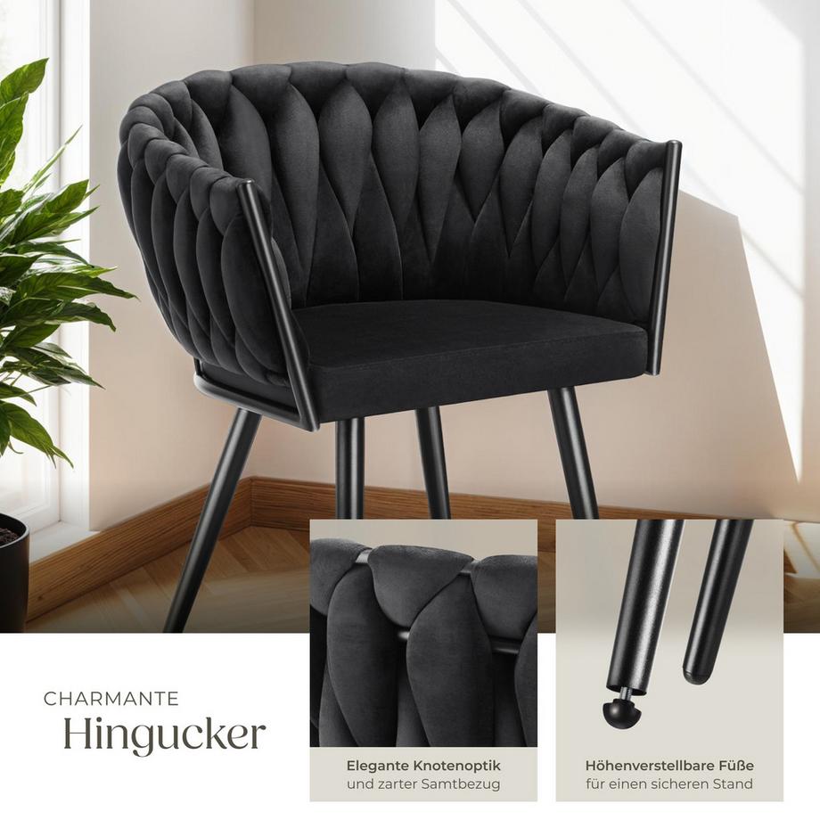 Tectake Set Esszimmerstuhl Astano gepolstert, mit Samtbezug, Knotendesign durchgehende Lehne  