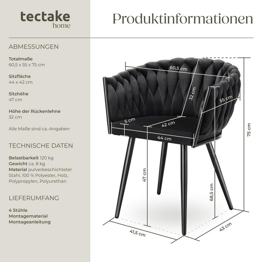 Tectake Set Esszimmerstuhl Astano gepolstert, mit Samtbezug, Knotendesign durchgehende Lehne  