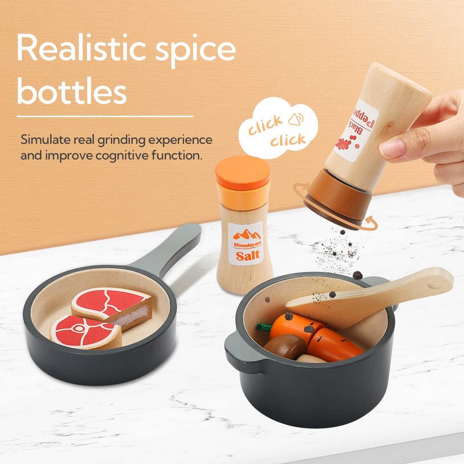 Activity-board  Jeu de cuisine en bois pour enfants, 12 pièces, batterie de cuisine, casseroles et accessoires de cuisine pour le jeu 