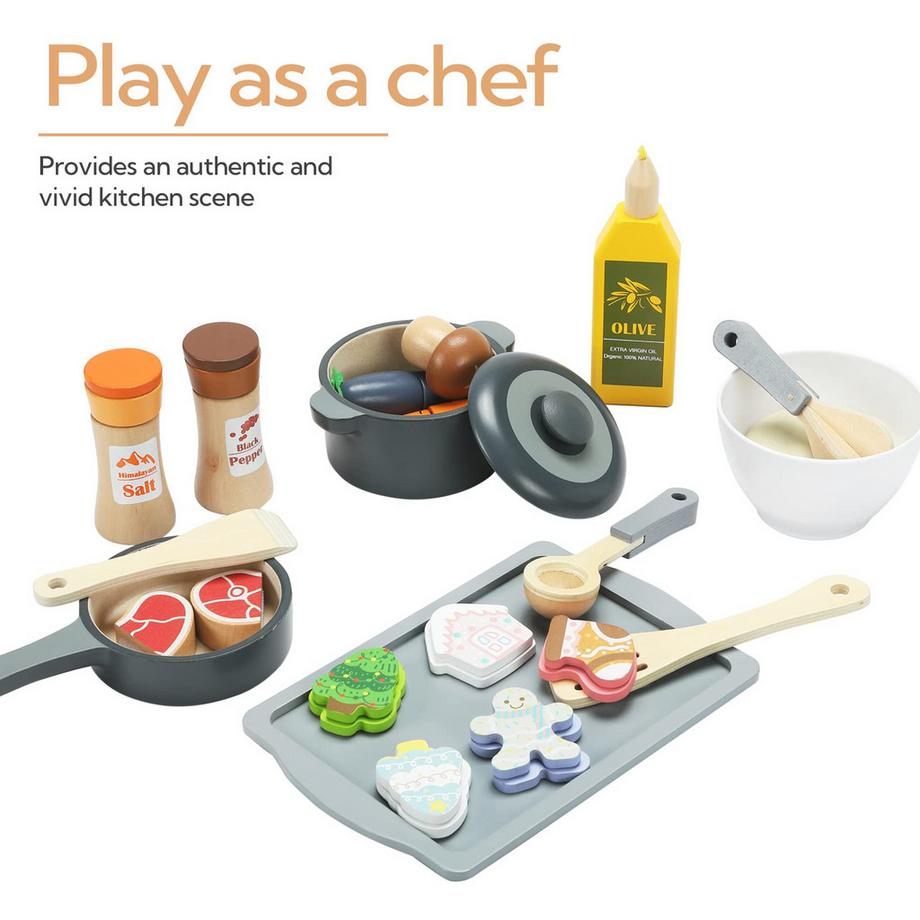 Activity-board  Jeu de cuisine en bois pour enfants, 12 pièces, batterie de cuisine, casseroles et accessoires de cuisine pour le jeu 