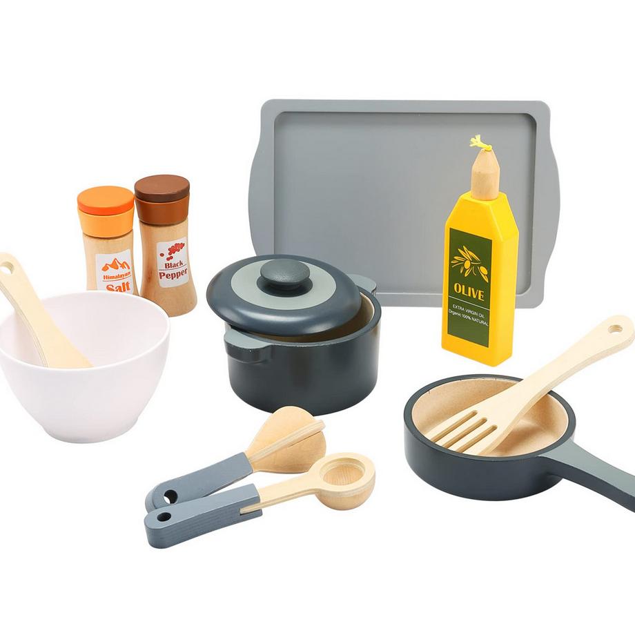 Activity-board  Jeu de cuisine en bois pour enfants, 12 pièces, batterie de cuisine, casseroles et accessoires de cuisine pour le jeu 