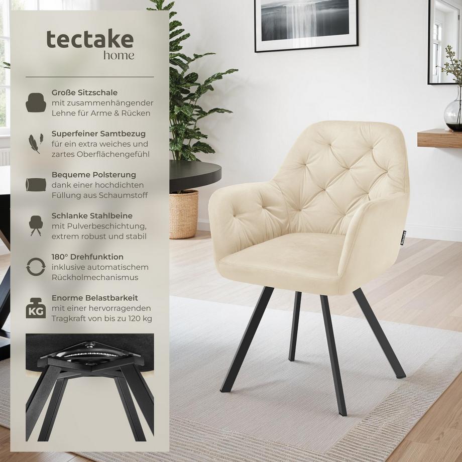 Tectake Fauteuil pivotant en velours avec accoudoirs LUCIA rembourré avec motif matelassé  
