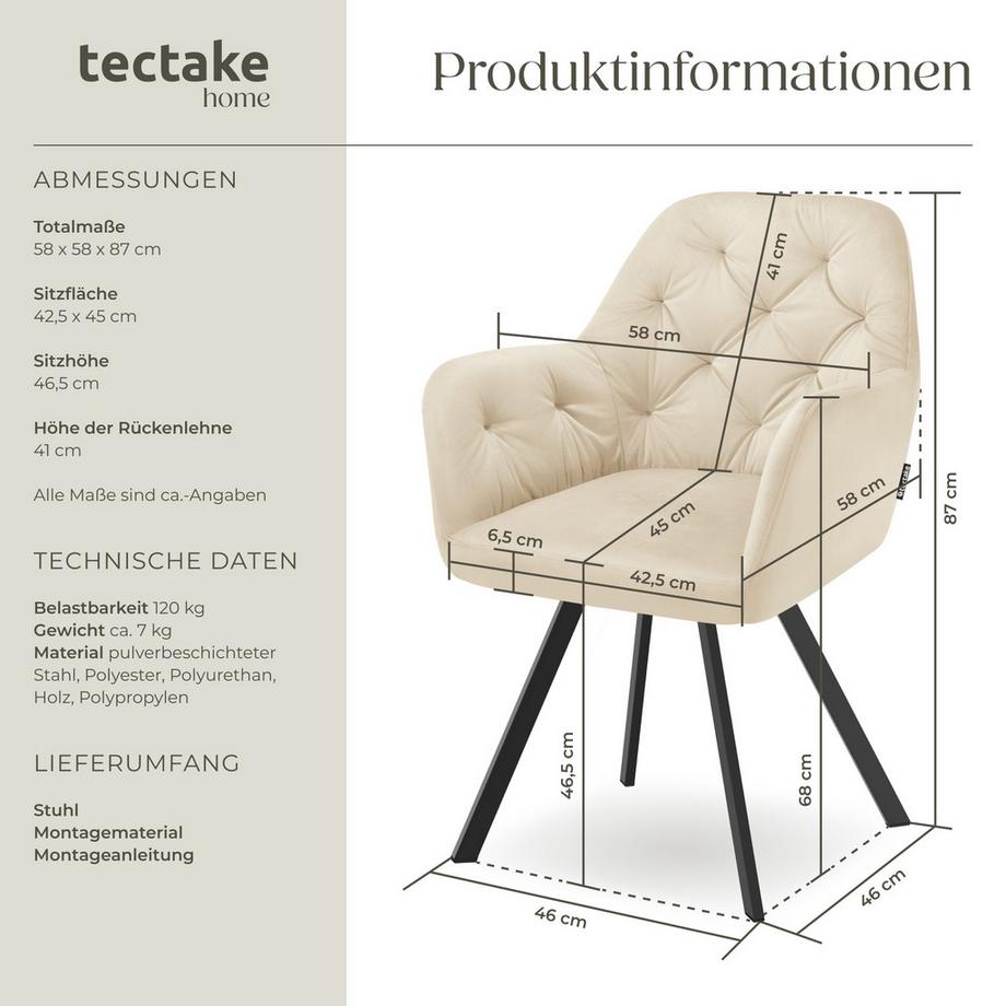 Tectake Fauteuil pivotant en velours avec accoudoirs LUCIA rembourré avec motif matelassé  