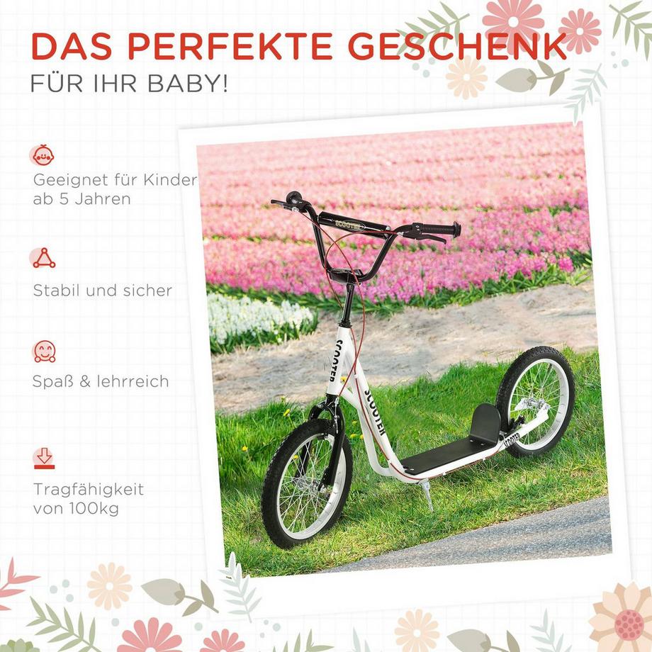 Northio  Kinderroller Scooter Tretroller Cityroller Kickscooter Roller Kinder Kickboard Mit Luftreifen Und Handbremse Scooter Kinder Wasserfest Faltbar Ab 5 Jahre 16 Zoll Weiß 139 X 58 X 90-96 Cm 