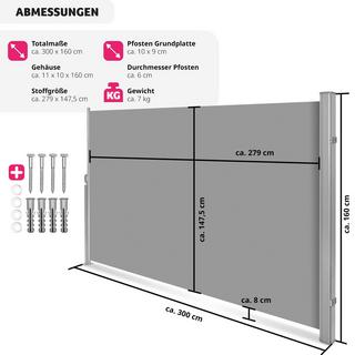 Tectake Aluminium Seitenmarkise ausziehbar mit Aufrollmechanismus  