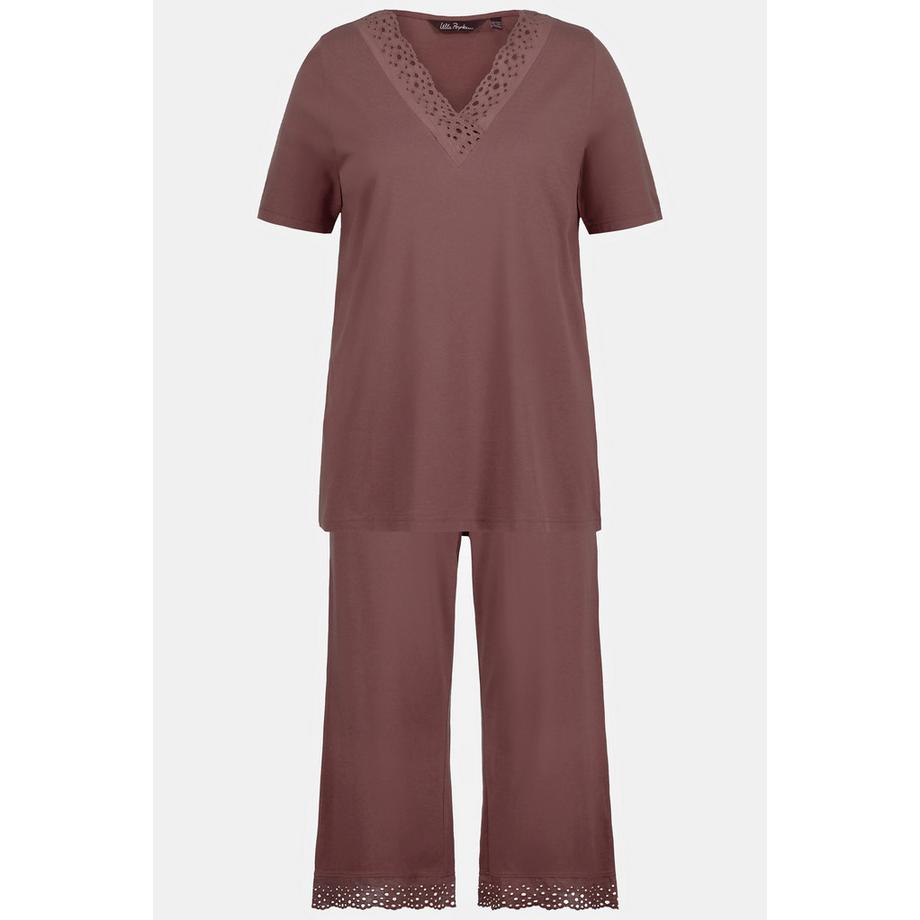 Ulla Popken Pigiama Ricamo Traforato Scollo a V Mezza Manica Misto Modal  