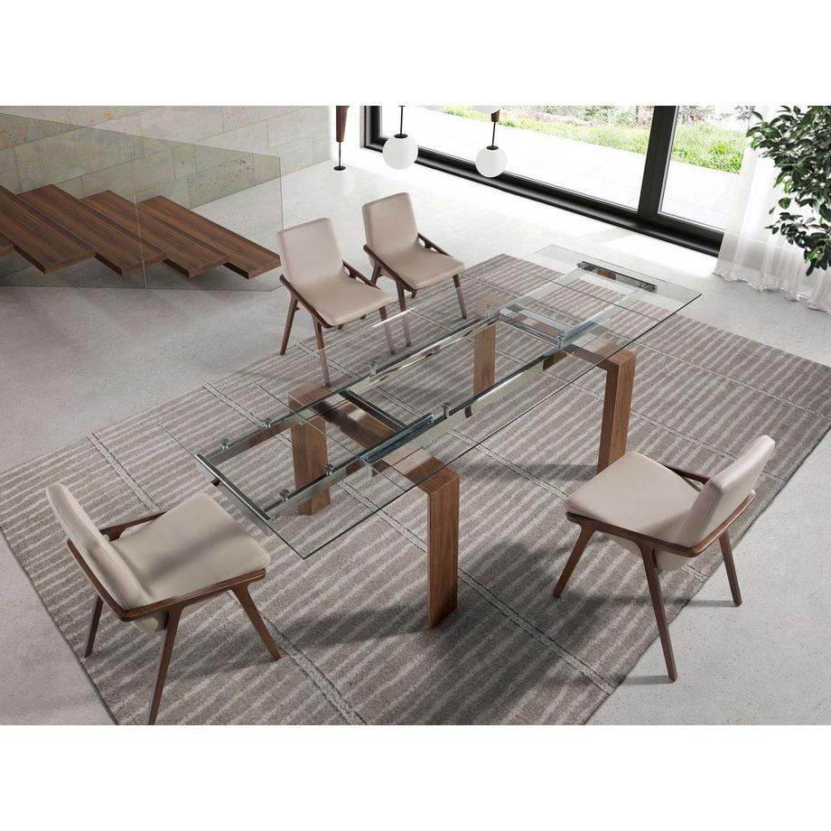 ANGEL CERDA Table à manger à rallonge rectangulaire verre trempé et noyer  