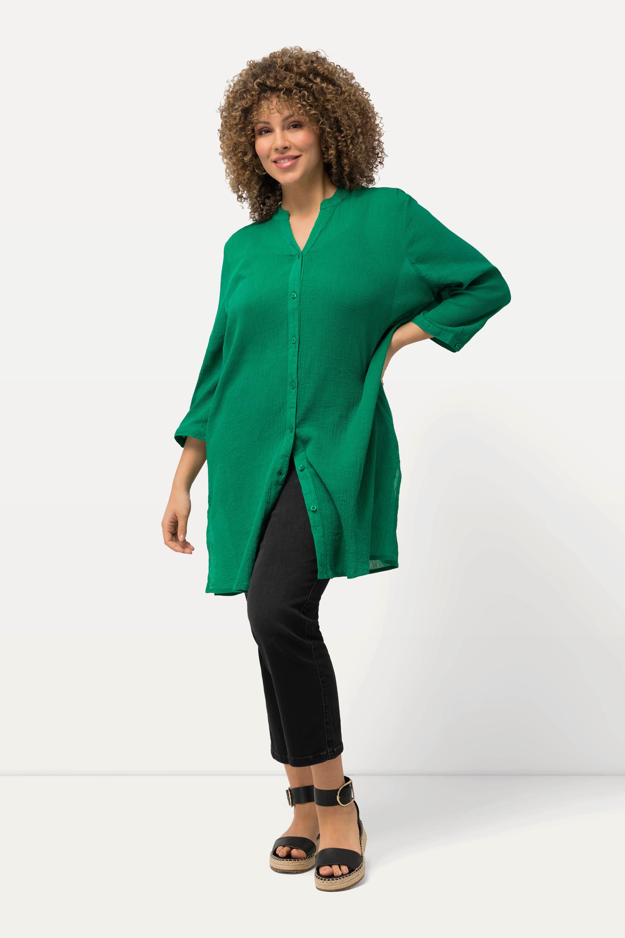 Ulla Popken  Blusa lunga in crêpe con collo alto, scollo a V e maniche a 3/4 