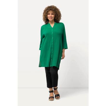 Blusa lunga in crêpe con collo alto, scollo a V e maniche a 3/4