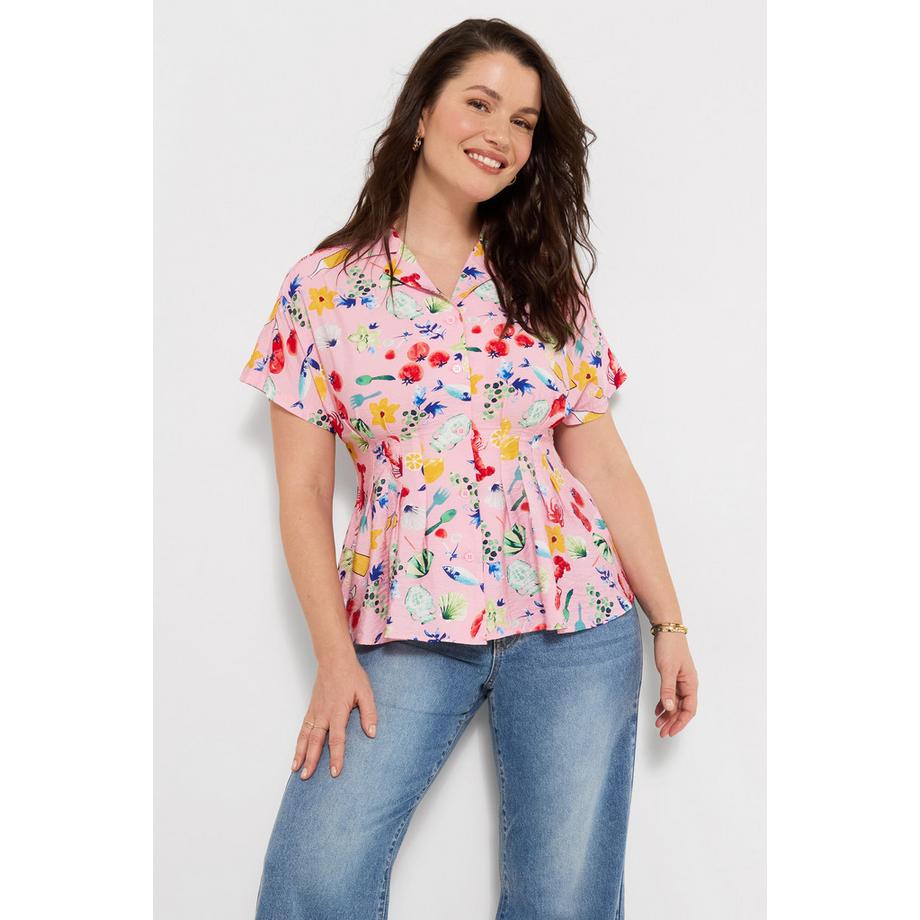 Blouse Imprimé Graphique avec Col à Revers et Devant Plissé