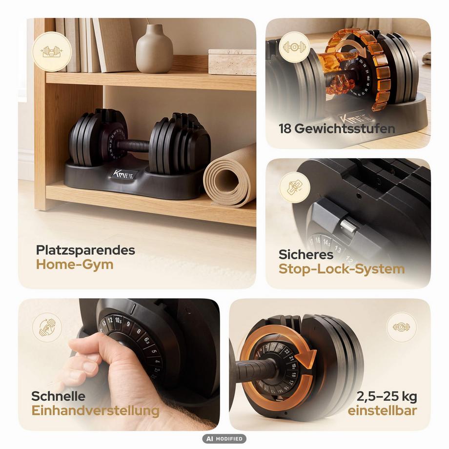 KM-Fit  KM-Fit 2er-Set Verstellbare Kurzhanteln 2,5–25 kg – 18 Gewichtsstufen 