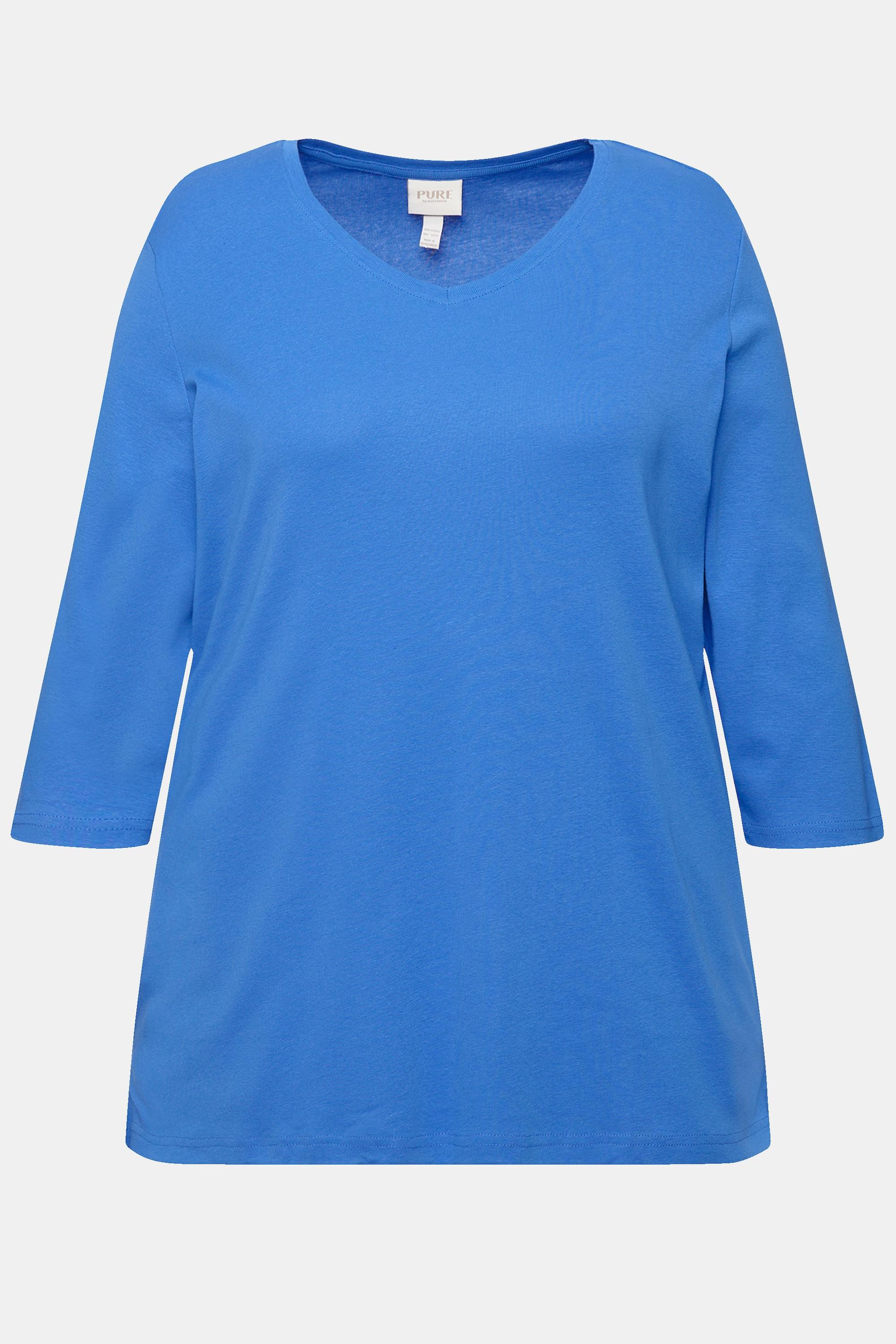 Ulla Popken  Shirt, Rippjersey, V-Ausschnitt, 3/4-Arm, Biobaumwolle 