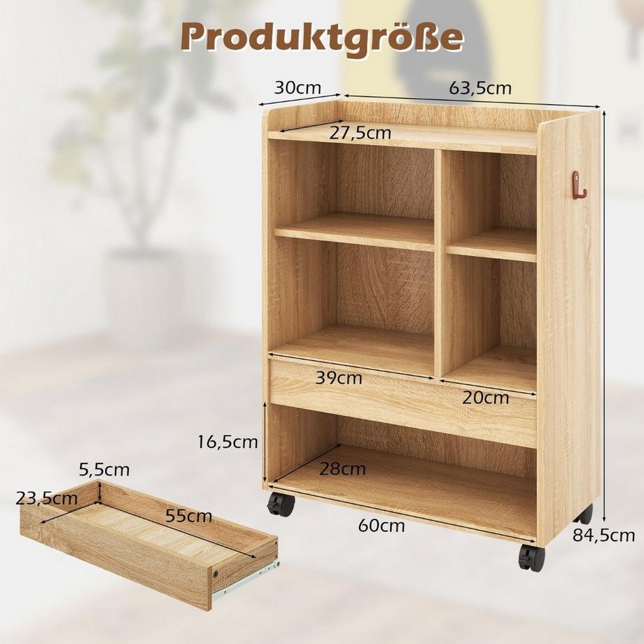 B2X  mobiler Rollcontainer mit Schublade Büroschrank mit verstellbaren Regalen Natur 