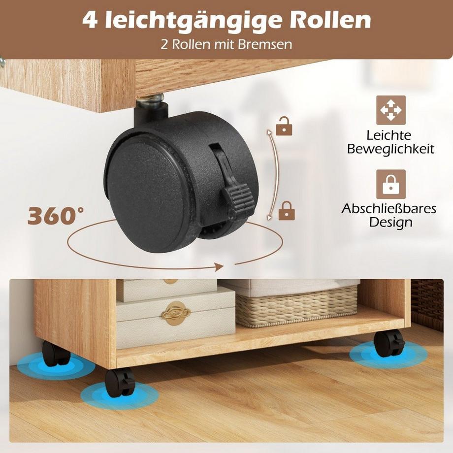 B2X  mobiler Rollcontainer mit Schublade Büroschrank mit verstellbaren Regalen Natur 