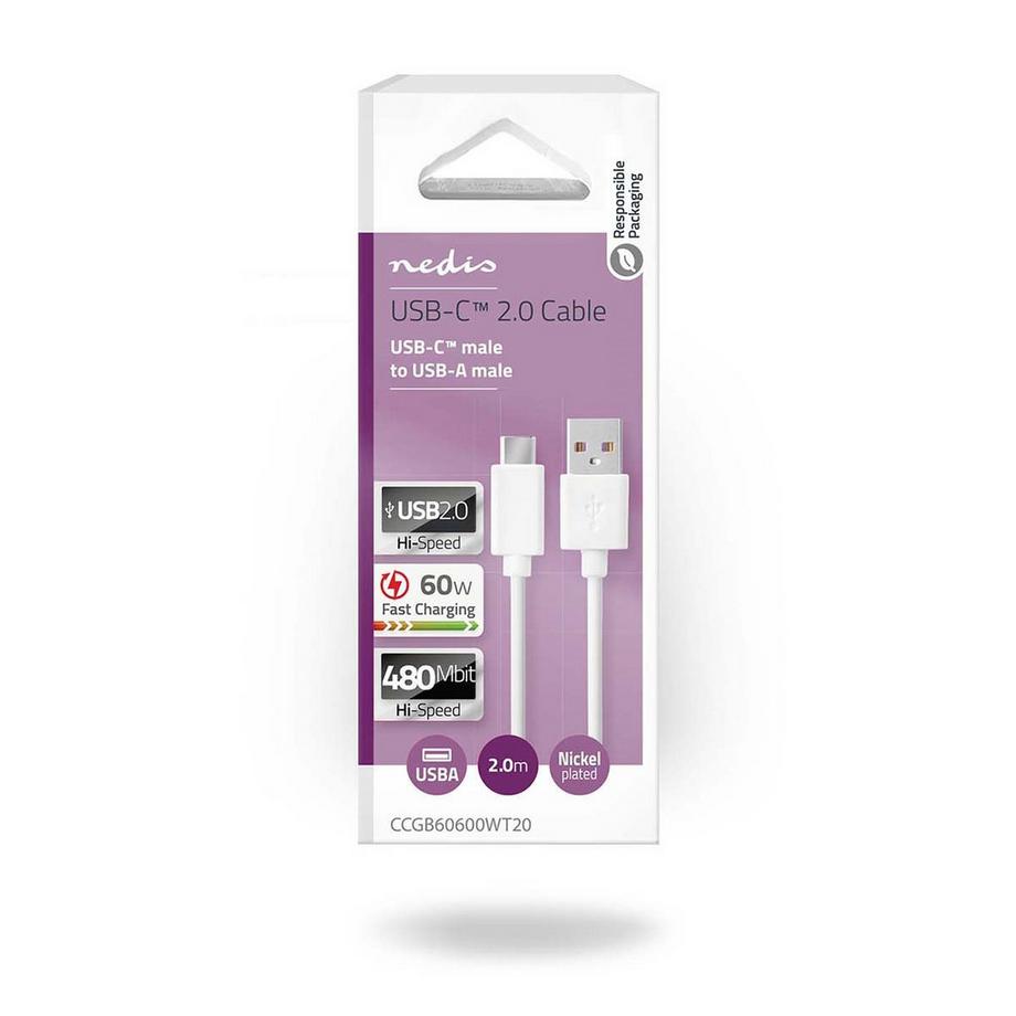 Nedis  USB-Kabel | USB 2.0 | USB-A Stecker | USB-C™ Stecker | 60 W | 480 Mbps | Vernickelt | 2,00 m | Rund | PVC | Weiß | Box 