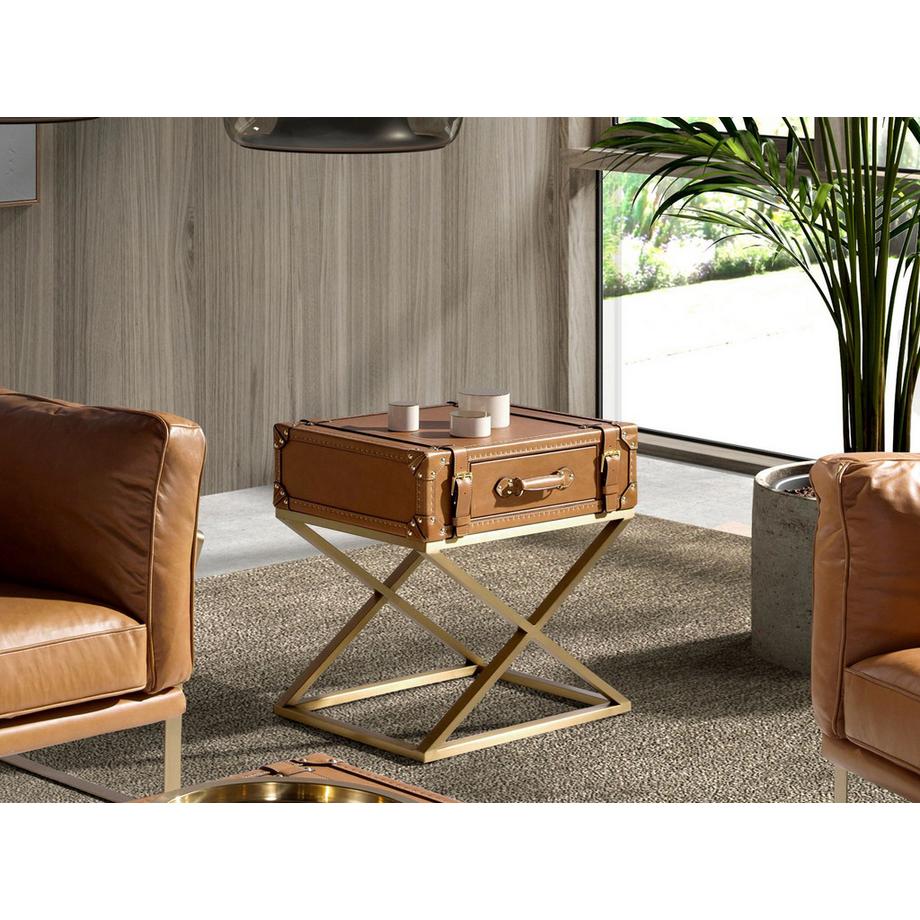 ANGEL CERDA Tavolino rettangolare in pelle e acciaio dorato  